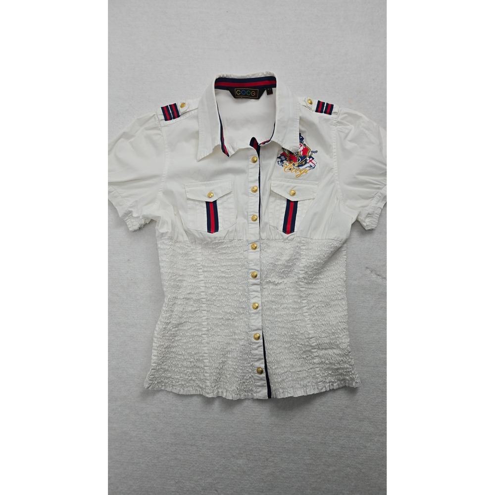 VTG COOGI Womens Y2K White Button Down Short Sleeve Shirt Nautical Crest Logo XL
